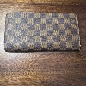 Louis Vuitton Brown Checkered Wallet with Gold Accents